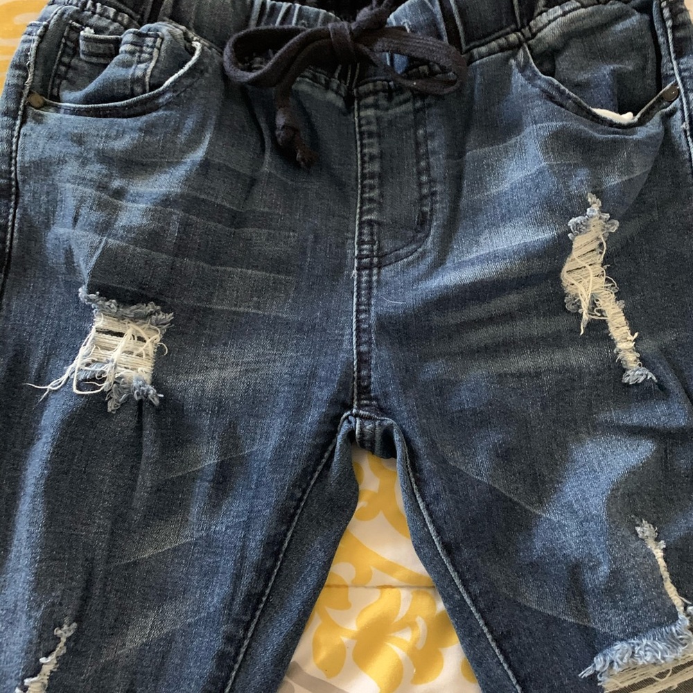 Denim Distressed Drawstring Crop Jeans, Sz 2 - Picture 5 of 8